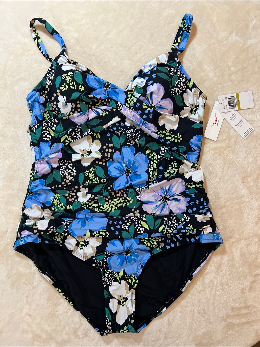 Jantzen Black Floral Print One-Piece Swimsuit with Tummy Control. Size 14. NWT